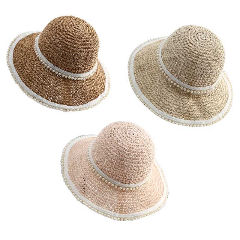 Breda risthattar Pearl Decor Wide Brim Summer Bucket Hat virkade pärlfiskare hattar för kvinnor hudvänliga hattar stora grim T8de G230227