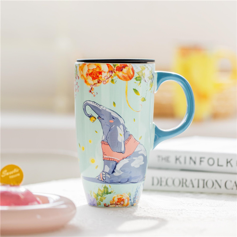 560ml grande tasse à café en céramique animaux tasse de voyage avec couvercle éléphant fait à la main tasse de thé au lait cadeau de noël