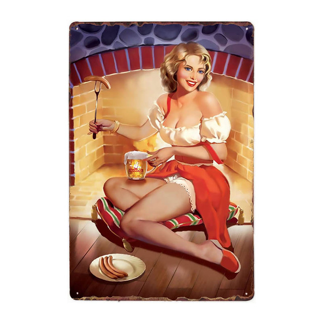 Pin Up Girl Beer Metal Teneke İşaret Poster Kız Bira Tabakları Plak Metal Vintage Garaj Posterler Pub Teneke Plakalar Dekorasyon Adam Mağara Dekoru Ev Duvar Dekor Boyutu 30x20cm W01