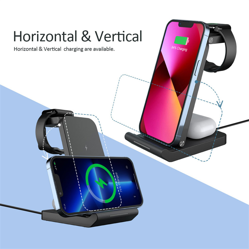 15W Fast Wireless Charger Foldable Stand For iPhone 14 13 12 Samsung Apple Watch Airpods Pro 3 in 1 Wireless Charging Dock Station with pacakge box