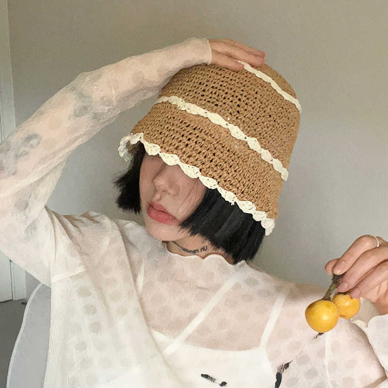 Wide Brim Hats Korean Summer Crocheted Straw Bucket Hat Women's Holiday Hollow Sun Hats Fisherman Cap Outdoor Trend Foldable Sun Caps Mujer G230227