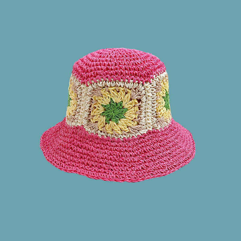 韓国の広い縁の帽子の新帽子の手作りのかぎ針編みのストロー太陽帽子漁師帽子女性夏の太陽の日陰通気性のある麦わら帽と大きなブリムG230227