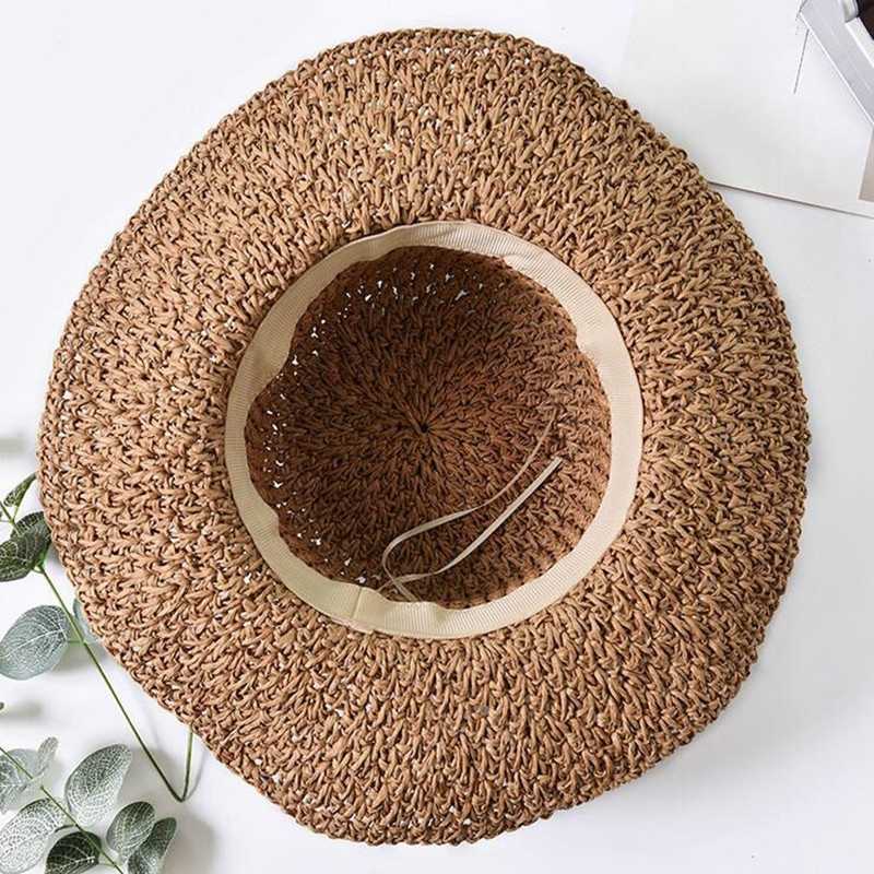 Brede rand hoeden hoed zomer dameskleedbare grote riem strand zon hoed stro strand pet voor dames elegante vakantiereisjes g230227