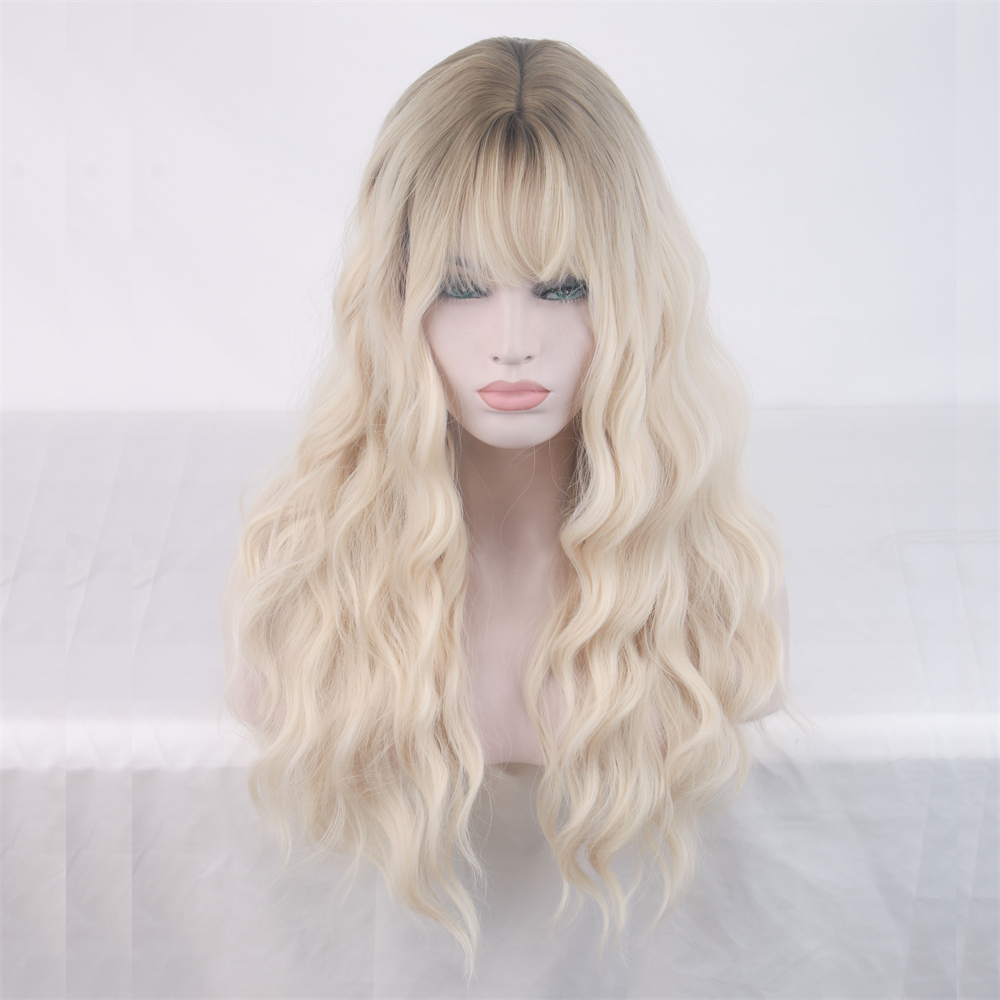 Blond peruka z grzywką Woodfestival Naturalne urocze peruki wełniane Cewki kręcone długie syntetyczne włosy