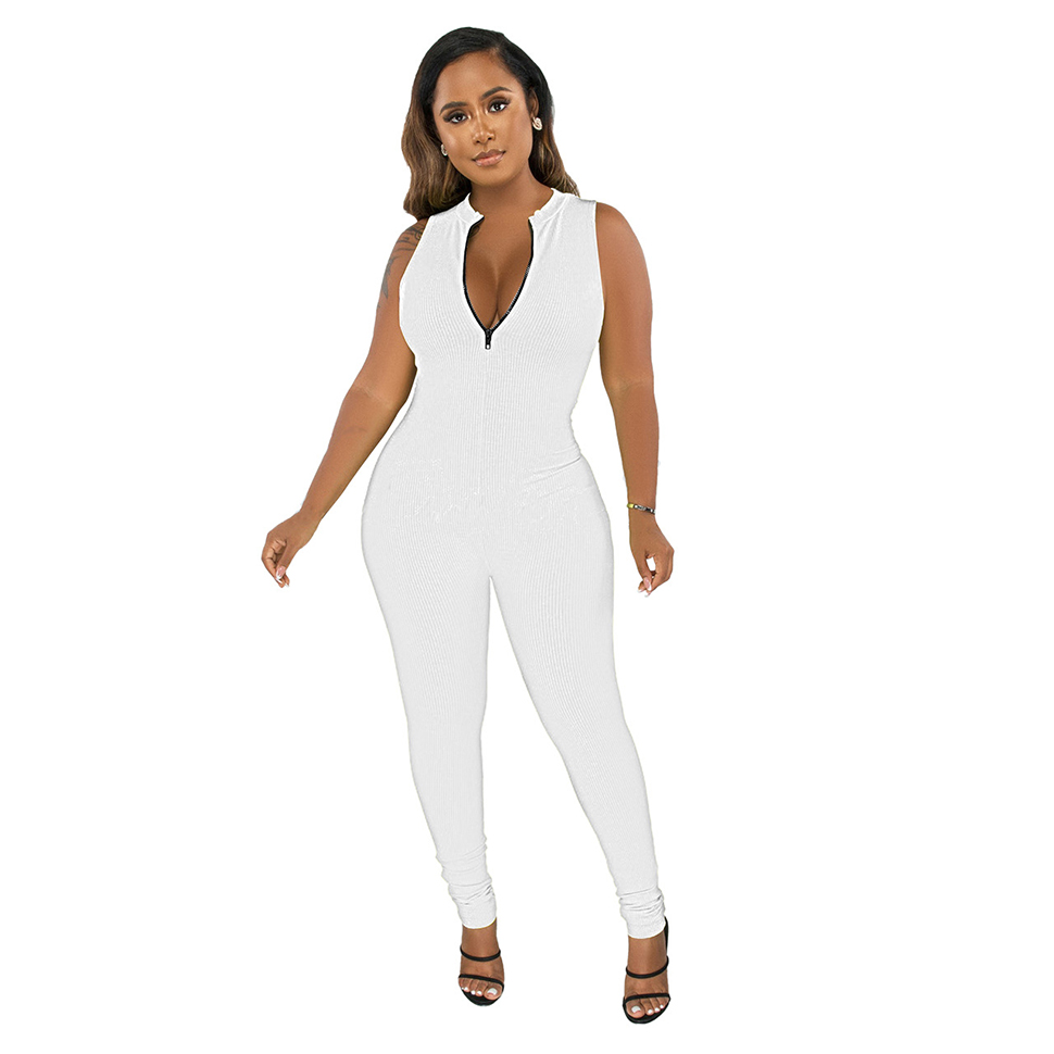 Women One Piece Jumpsuit Clubwear Outfits Sexy Sleeveless V Neck Ribbed Knitted Zipper Bodycon Casual Rompers