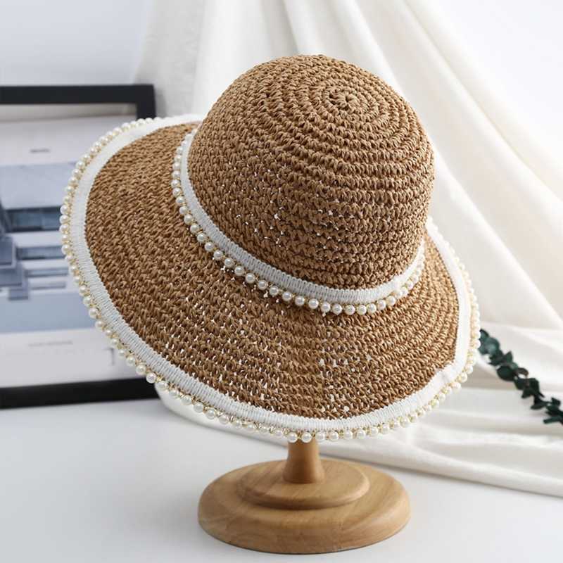 Breda risthattar Pearl Decor Wide Brim Summer Bucket Hat virkade pärlfiskare hattar för kvinnor hudvänliga hattar stora grim T8de G230227