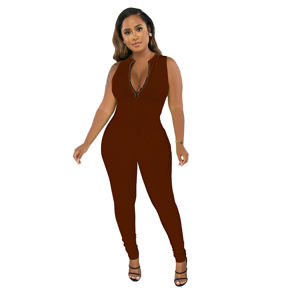 Women One Piece Jumpsuit Clubwear Outfits Sexy Sleeveless V Neck Ribbed Knitted Zipper Bodycon Casual Rompers