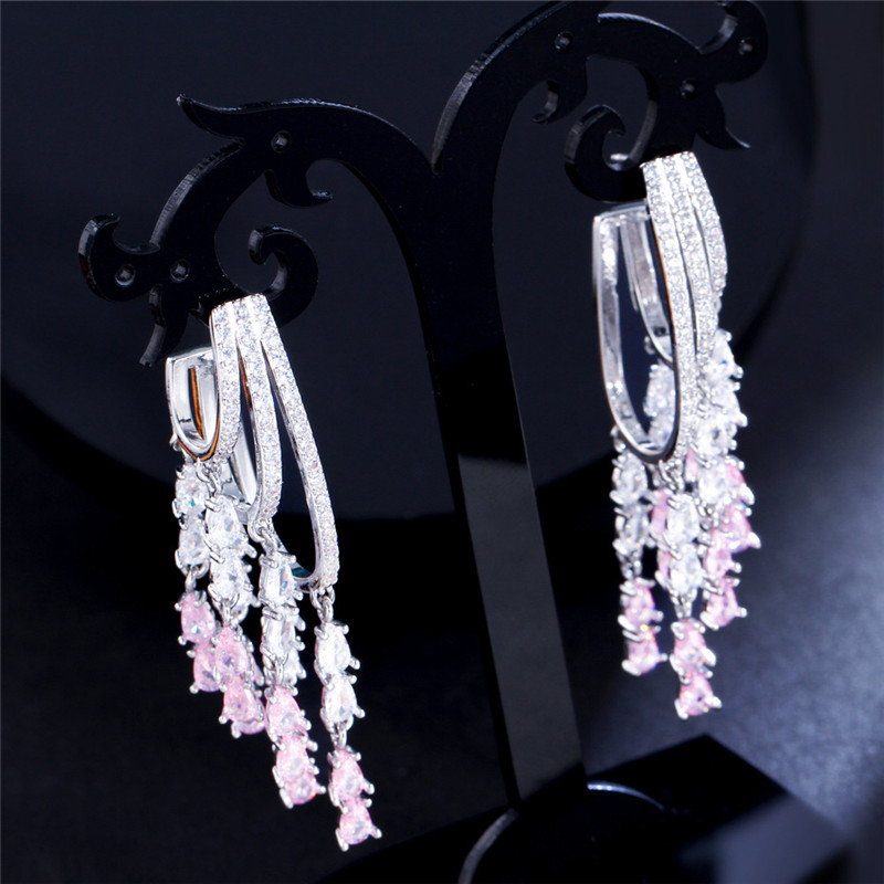 Charm Long Tassel Pink AAA Zirconia Cubic Earring Designer for Woman Party 925 Sterling Silver Post Diamond Earrings South American Wedding Engagement Jewelry