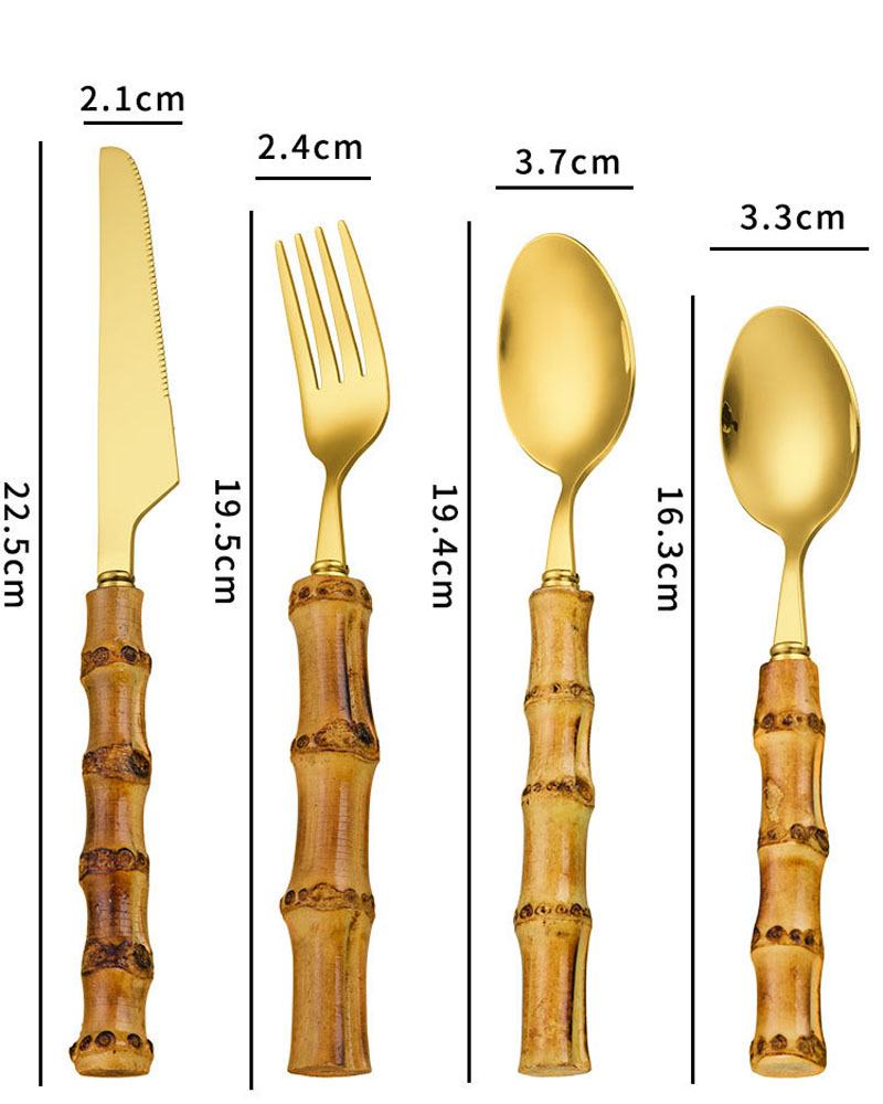 Bamboo Handle Flatware Set Stainless Steel Dinner Knife Fork Dessert Spoon Cutlery Sets