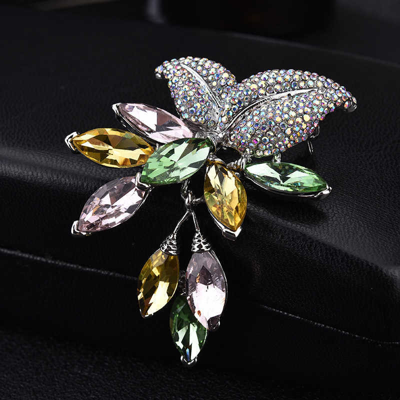 Pins Brooches retro rainbow crystal flower Women's luxury gold and silver colored zircon alloy plant brooch safety pin G230529