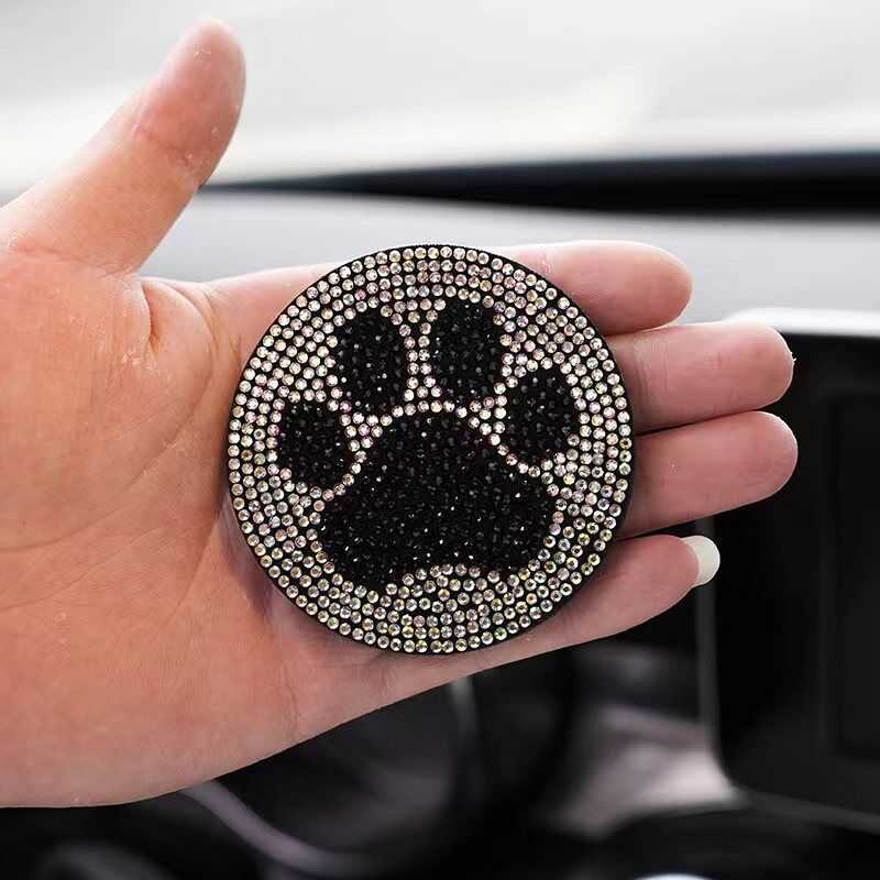 New Cute Cartoon Cat Paw Diamond Car Coaster Water Cup Slot Non-Slip Mat Silica Gel Pad Cup Holder Mat Bling Car Decoration