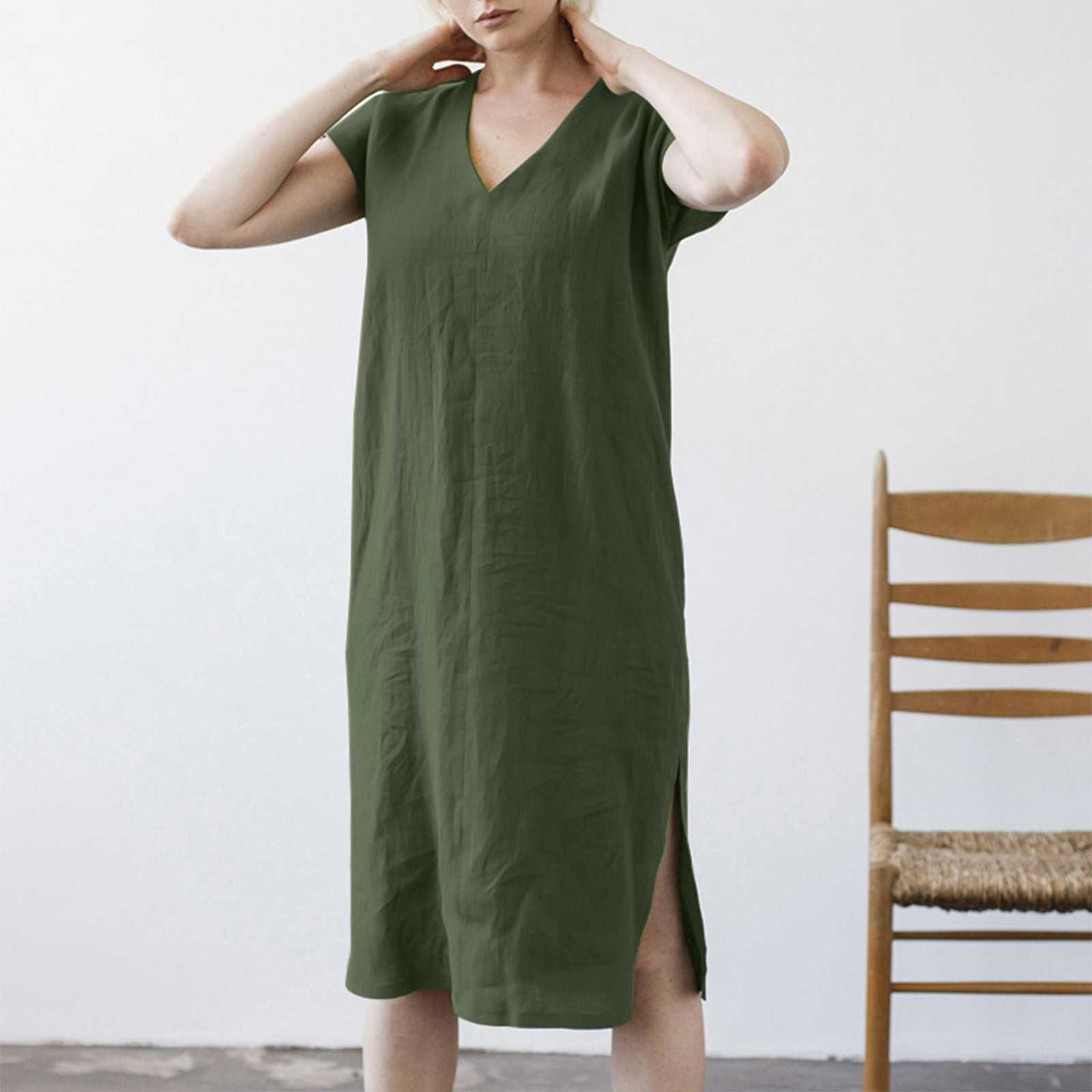 Women'S Solid Long Dress V Neck Cotton Linen Sleeveless Beach Dresses Ladies Holiday Oversized Vintage Elegant Dress Vestidos