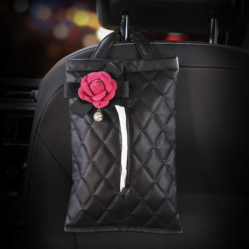 Ny mode Pearl Camellia Flower Car Headrost Tissue Bag Auto Seat Hanging Leather Paper Box Tower Holder Styling Car Accessories