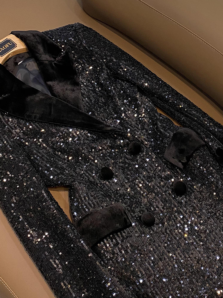 2023 automne noir brillant paillettes lambrissés Blazers à manches longues revers cranté vêtements d'extérieur à double boutonnage manteaux D3L01 grande taille 3XL