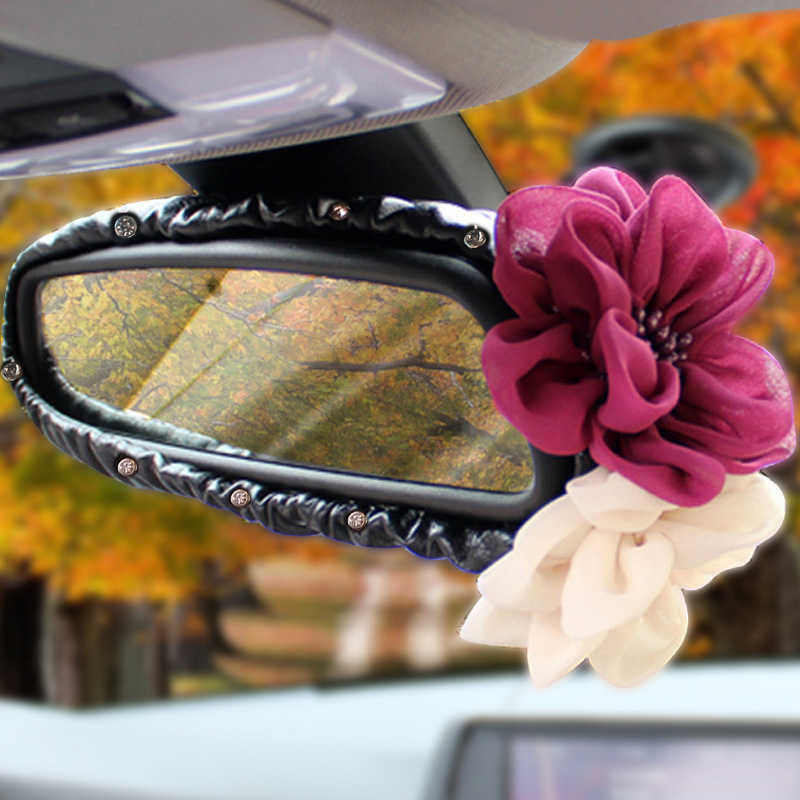 Nowy kwiat róży kryształowy samochód wnętrze lusterka tylnego widoku skórzane Auto wsteczne lusterka dekoracyjne dla kobiet i dziewcząt
