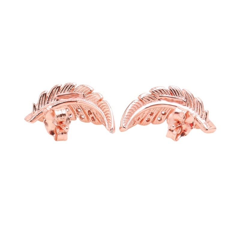 Nya kvinnor örhängen CZ Feather Shape Rose Gold Stud Earrings Girls 925 Sterling Silver Pave Double Hoop örhängen Söt modefest smycken gåva