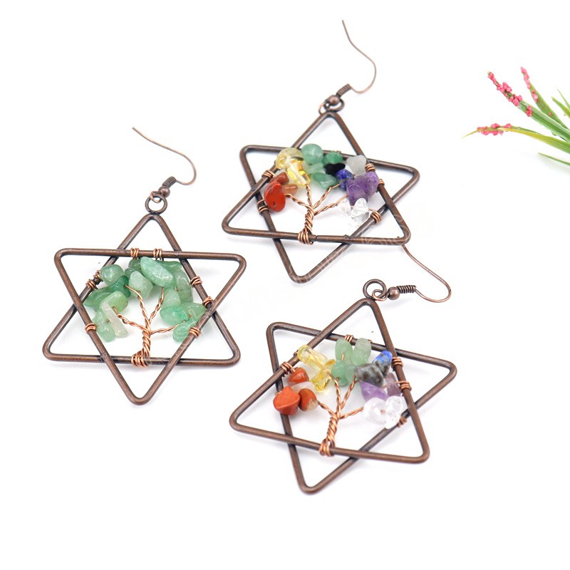 Boucles d'oreilles hexagramme enveloppées de fil métallique tissé à la main Vintage arbre de vie coloré pour femmes filles boucles d'oreilles en pierre concassée naturelle