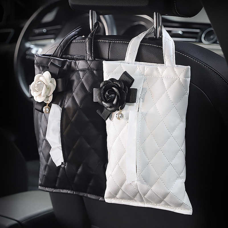 Nieuwe Klassieke Camellia Bloem Auto Hoofdsteun Tissue Zak Auto Seat Opknoping Lederen Papier Doos Toren Houder Styling Auto Accessoires