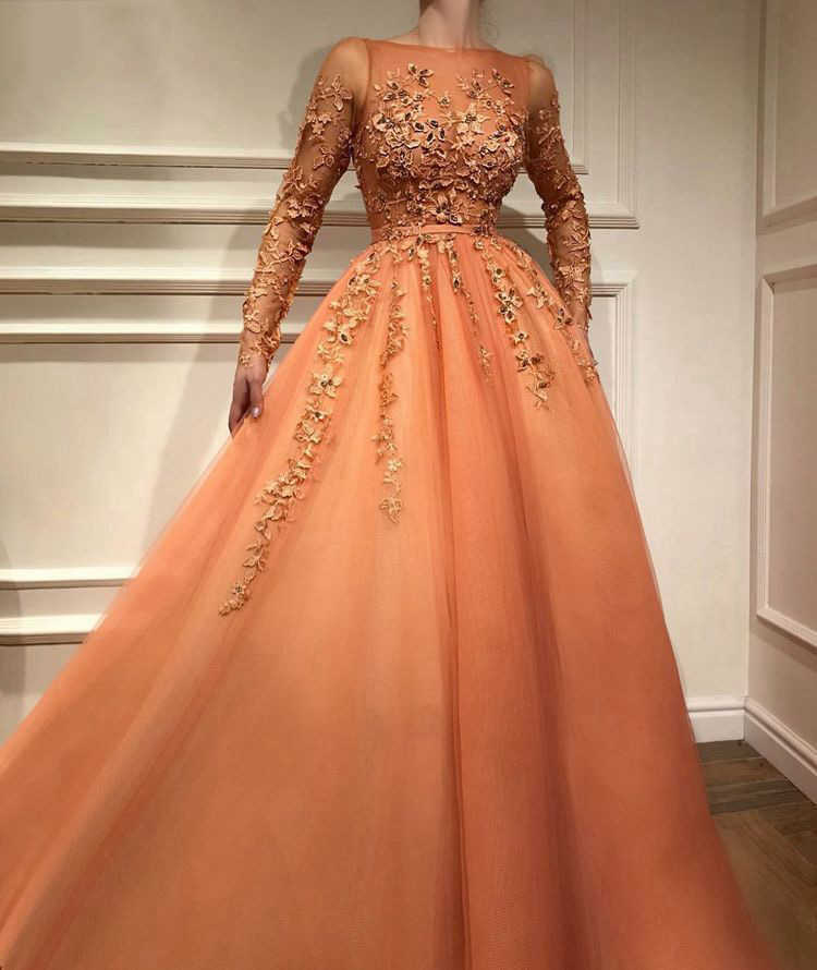 Dresses Orange Muslim Plus Size Exclusive Necklace Long Sleeve Evening Lace Beaded Tulle A-Line Formal Party Dress P230531