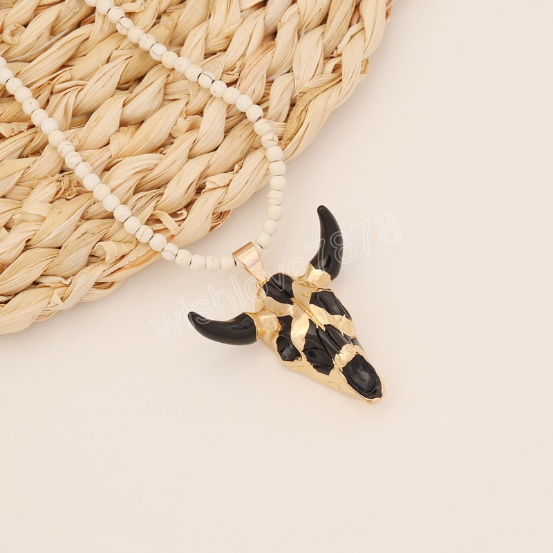 Bohemian Bull Head Necklace For Women Personalized Exaggerated Bull Skull Pendant Necklace Beaded Necklace