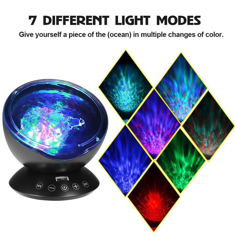 Ocean Wave Projetor 12 LED 7 Cores Luz Noturna Lâmpada de Teto Mood Altifalante Embutido Música para Quarto de Crianças com Timer Controle Remoto Máquina de Som Preto