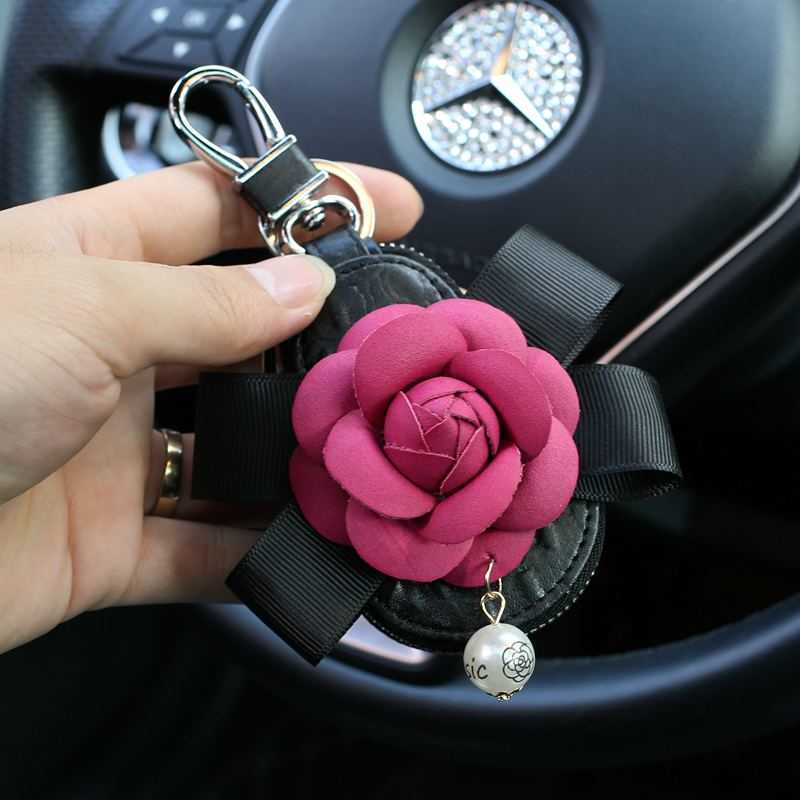 New Cute Pearl Flower Leather Car Key Case Key Holder Housekeeper Zipper Key Cover Bag Pouch Car Accessories Gifts for Women Girls