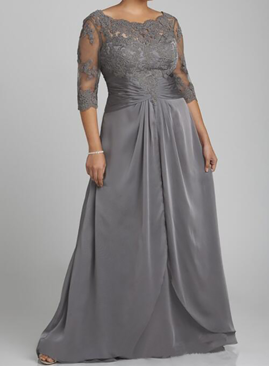 2023 Stile popolare Plus Size Grigio Abito la madre della sposa Manica a 3/4 Girocollo Pizzo Chiffon Lunghezza pavimento Abiti formali Personalizzato