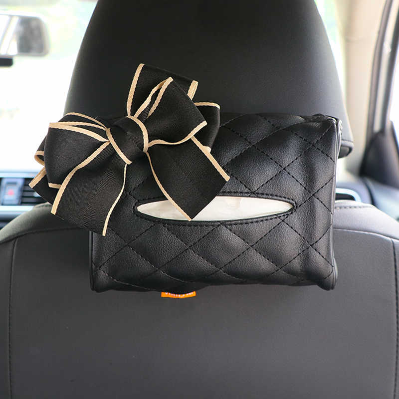 New Cute Bowknot Leather Car Tissue Holder Hanging Holder for Car Back Seat Headrest Paper Organizer Storage Bag Car Accessories