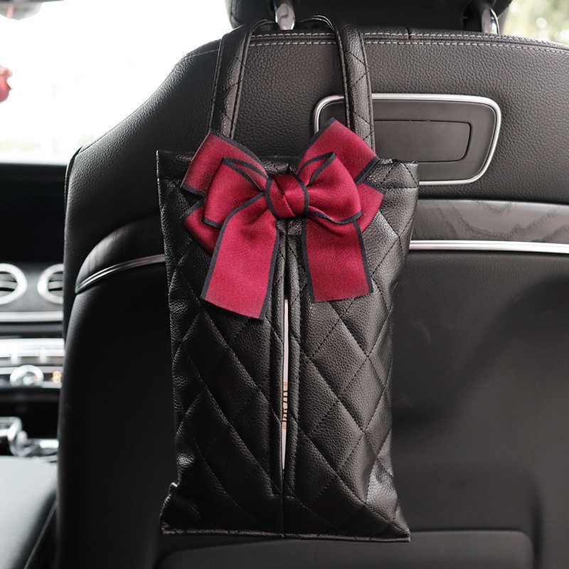 Ny Fashion Bowknot Läder Bilvävnadslådor Söta Auto Seat Back Tissue Bag Organizer Car Decoration Auto Interiör Förvaringsväska