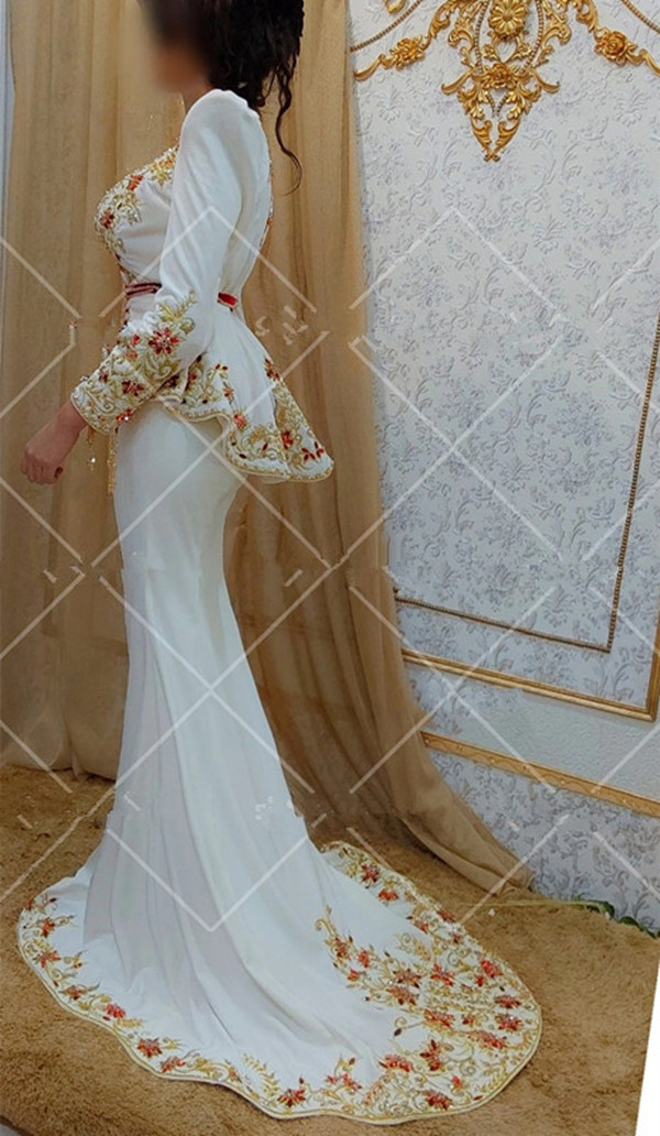 Vintage Algerian Outfits Karakou Prom Dresses with Long Sleeve Jacket Gold Embroidery Crystals Mermaid Evening Occasion Gown