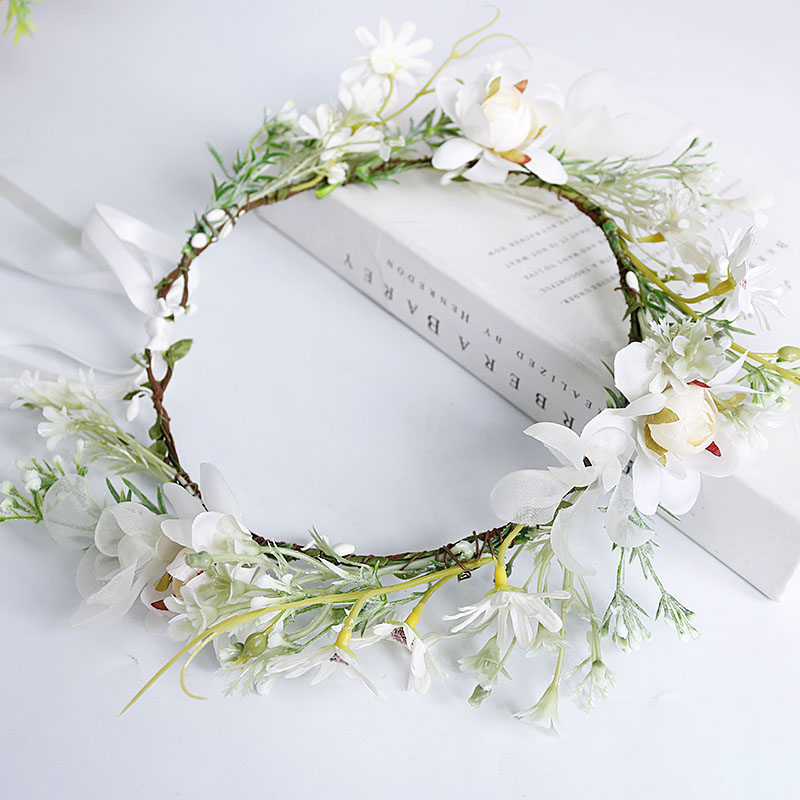 フェスティバルリース、花嫁の頭飾り、白い小さなデイジー、新鮮な緑の葉のレースアップヘアアクセサリー、花嫁介添人ヘッドドレス、ヘアフープHH-0031-A