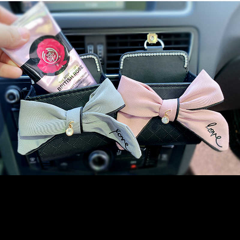 New Cute Diamond Bowknot Car Vent Outlet Trash Box Leather Car Mobile Phone Holder Storage Bag Organizer Auto Hanger Box Car Styling