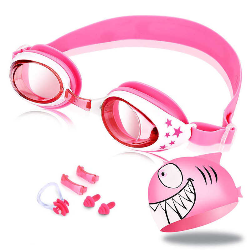 Simglasögon Silikon Näsklippör Plugs Shark Swimming Cap Set Children's Anti Fog Glasses Children 3-12 år P230601