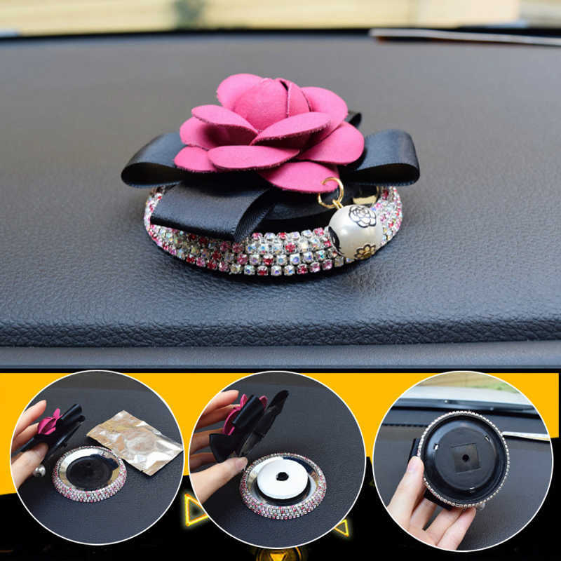 Novo criativo flor de camélia enfeites de carro diamante cristal purificador de ar auto painel decoração interior carro perfume adesivo