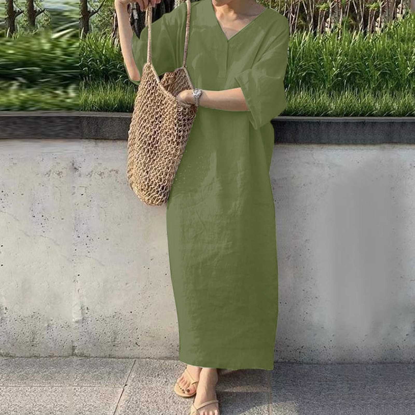 Loose Beach Long Dress Womens Solid V Neck Dress Sundress Elegant Oversize Robe Vintage Pockets Beach Retro Swing Dress Vestidos