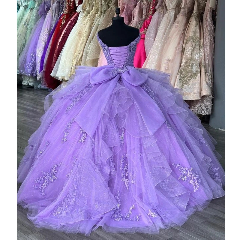 Lavender V-Neck Princess Quinceanera Dresses Off Shoulder Lace Appliques Crystal Ball Gown Sweet 16 Dresses Vestidos De 15