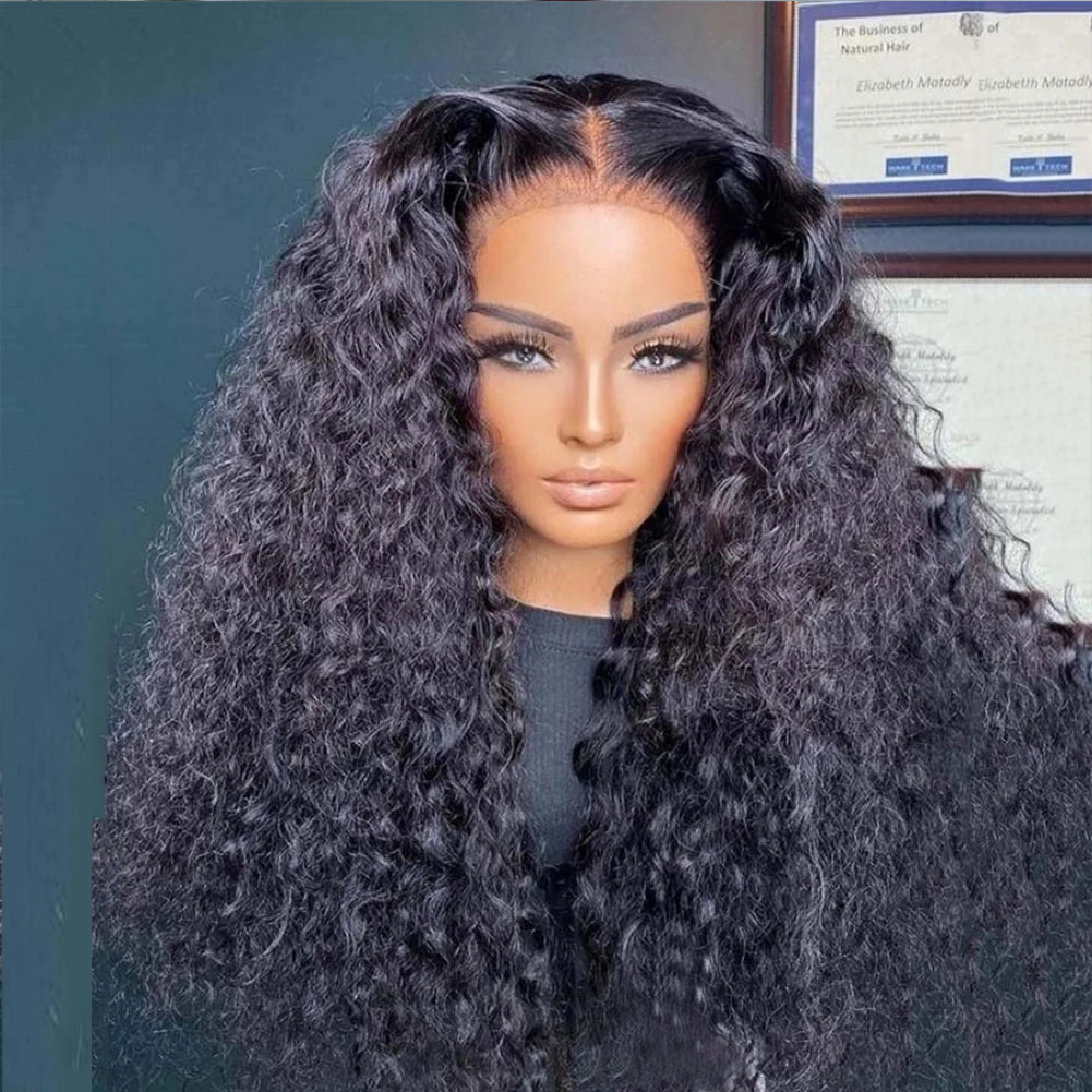 13x4 Jerry Curly Spets Front Wig Deep Kinky Curly Simulation Human Hair Wigs Brazilian HD Transparent spets frontala syntetiska stängningspervar