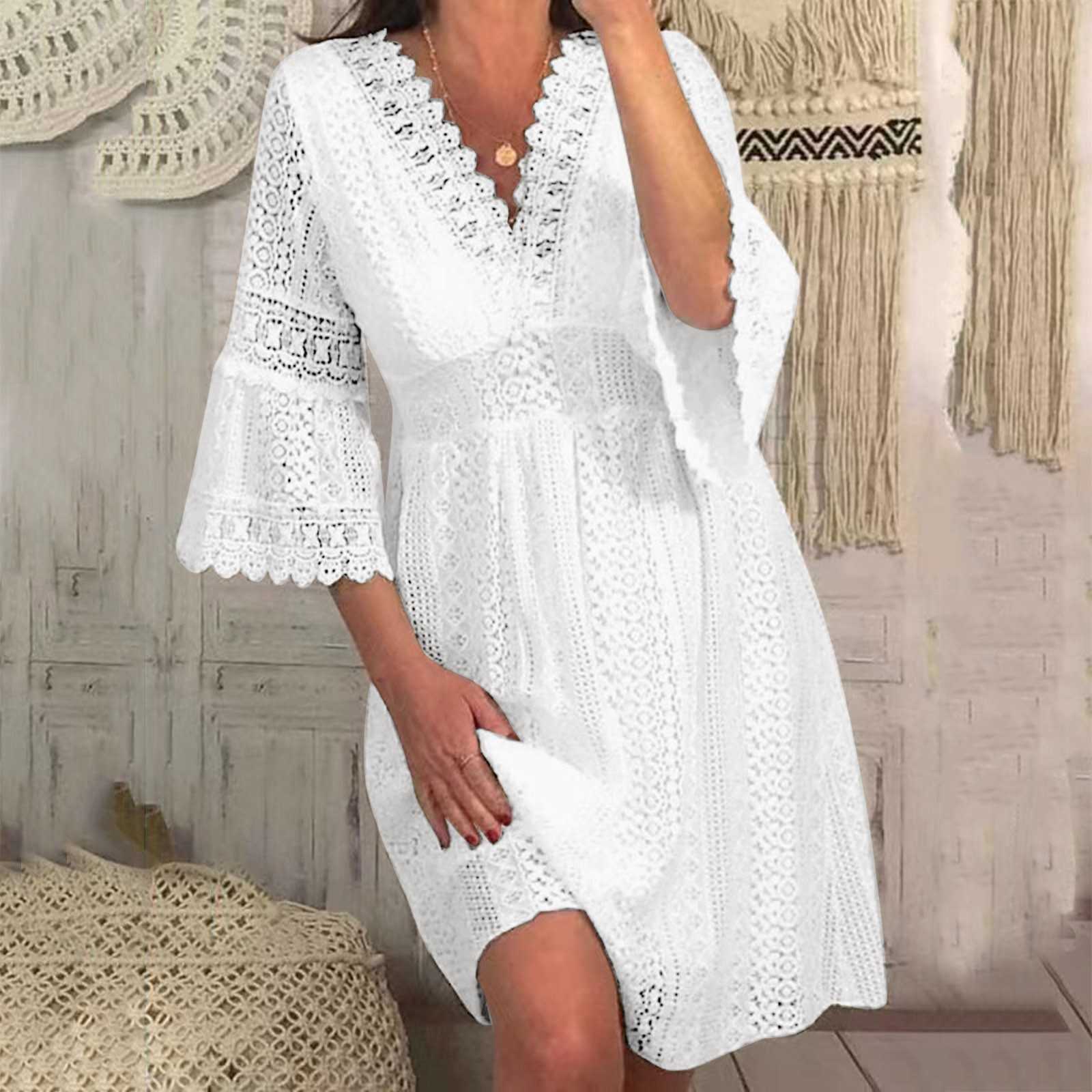 White Dress Womens Summer Solid Color Flare Sleeve Hollow Dresses High Waist Casual Elegant Dresses Lady Boho Sundress Vestidos