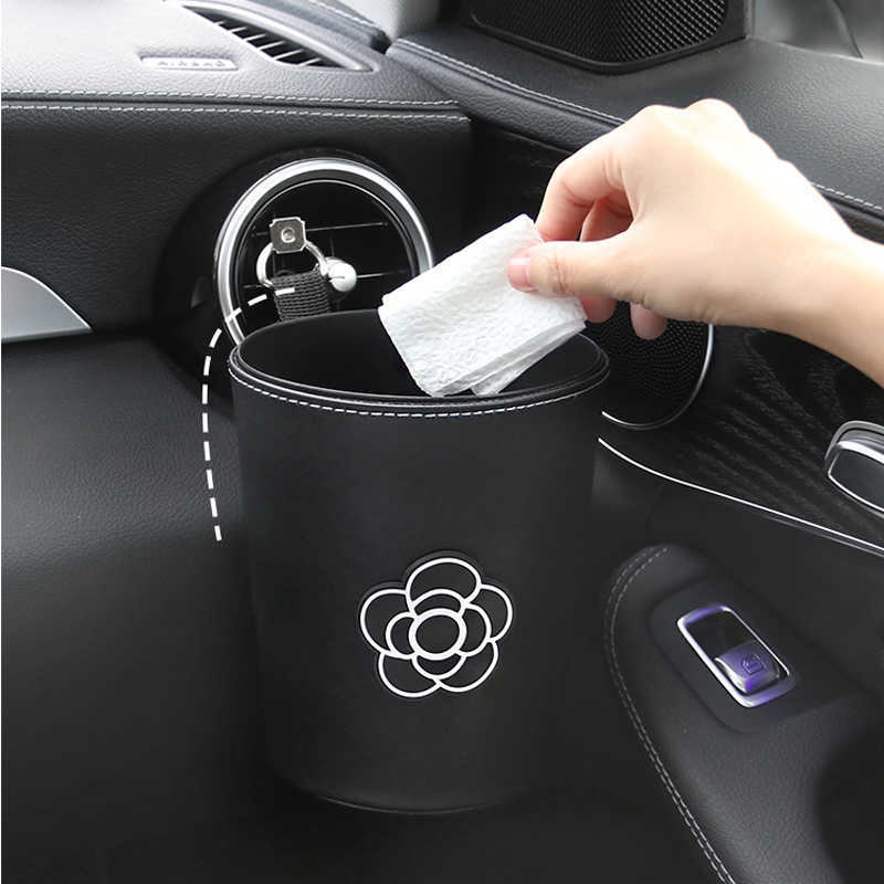 Ny Creative Camellia Flower Leather Car Tissue Paper Handduk Bag Auto Back Seat nackstöd Hängande papperskorgen kan kvinnor biltillbehör