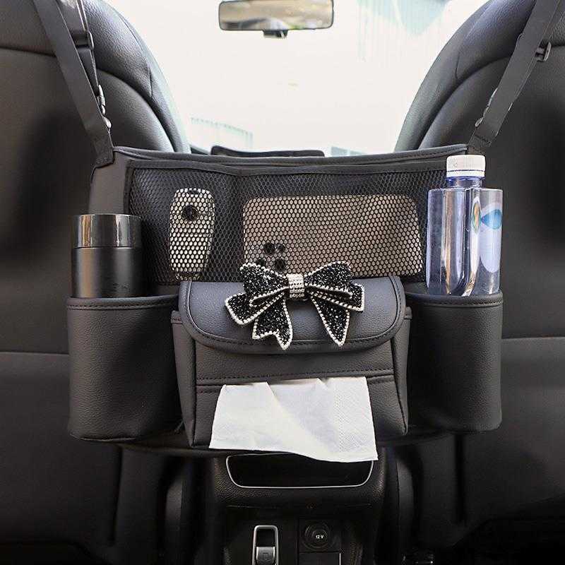 New Cartoon Camellia Flower Leather Car Handbag Holder Between Seats Large Capacity Car Purse Storage Auto Consoles Paper Organizer