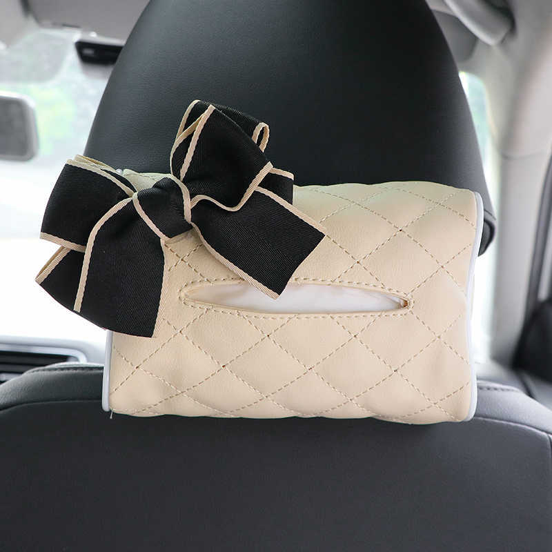 New Cute Bowknot Leather Car Tissue Holder Hanging Holder for Car Back Seat Headrest Paper Organizer Storage Bag Car Accessories