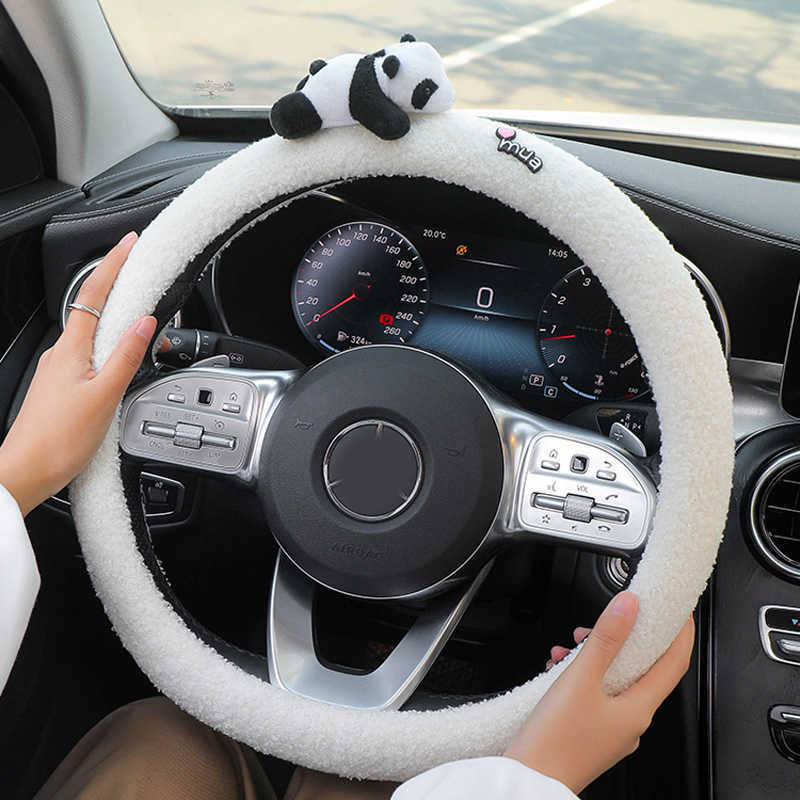 New Cute Cartoon Panda Doll Plush Universal Car Steering Wheel Cover Auto Seatbelt Cover Imitate Lamb Wool Winter Car Accessories