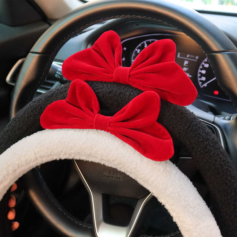 New Velvet Retro Red Bow Universal Car Steering Wheel Cover Fluffy Winter Plush Imitate Lamb Wool Vehicle Wheel Protect 15 inch