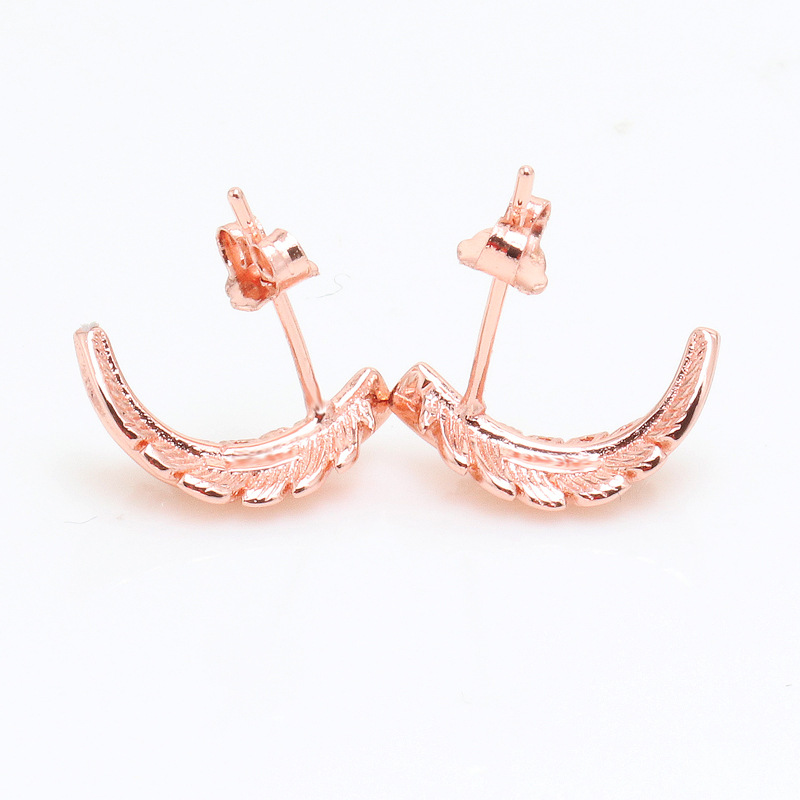 Nya kvinnor örhängen CZ Feather Shape Rose Gold Stud Earrings Girls 925 Sterling Silver Pave Double Hoop örhängen Söt modefest smycken gåva