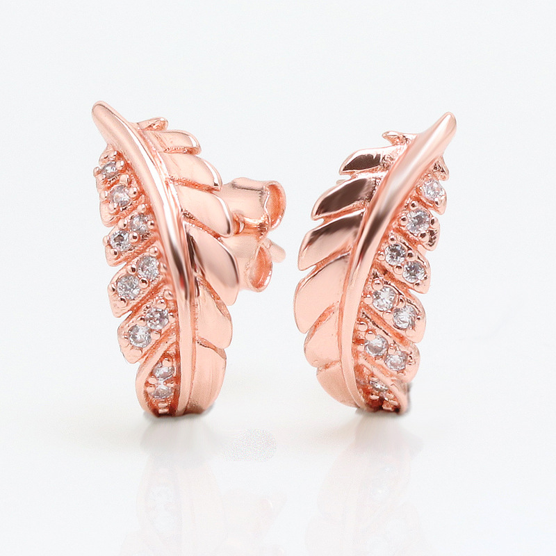 Nya kvinnor örhängen CZ Feather Shape Rose Gold Stud Earrings Girls 925 Sterling Silver Pave Double Hoop örhängen Söt modefest smycken gåva