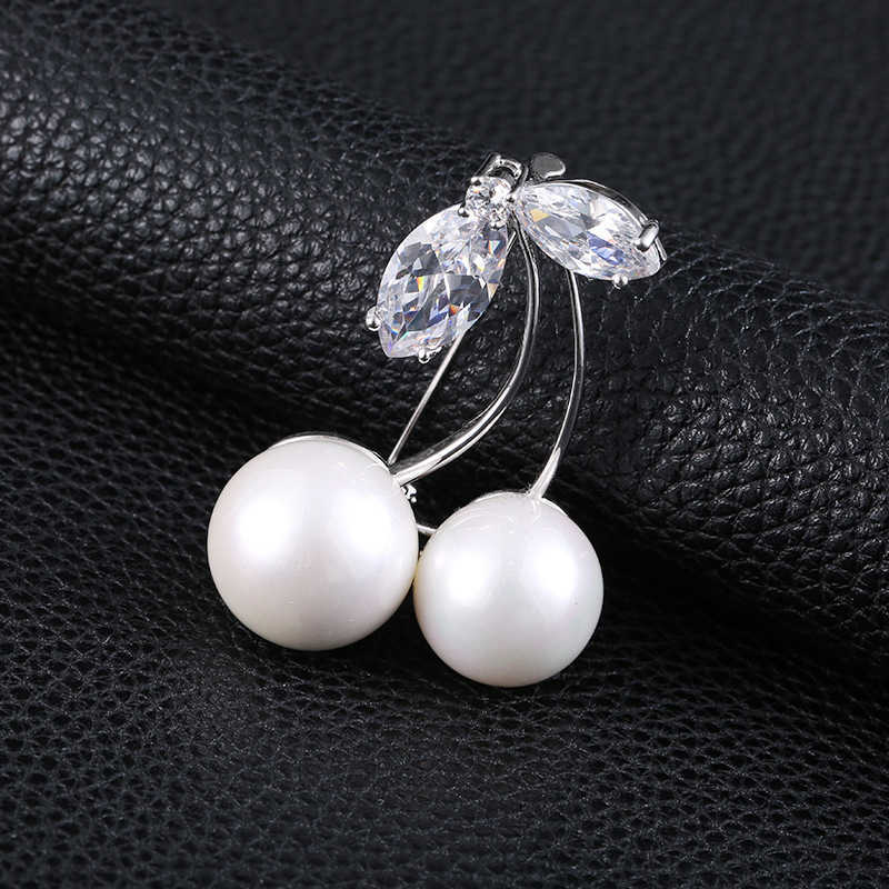 Pins Brooches Women's simple crystal big pearl cherry luxury silver zircon alloy fruit brooch safety pin G230529