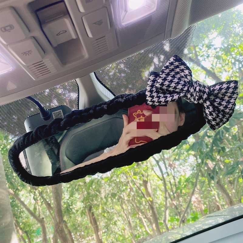 New Cute Knitting Lover Bowknot Car Inerior Mirror Cover Plush Auto Interior Rearview Mirror Case Decoration Accessories For Women