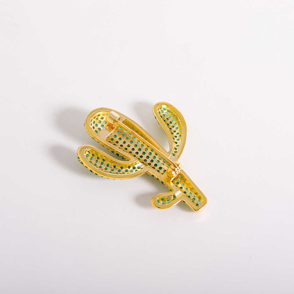ピンブローチ女性のシンプルな緑のクリスタルサボテンラグジュアリーイエローゴールドジルコンアロイプラントブローチ安全ピンG230529