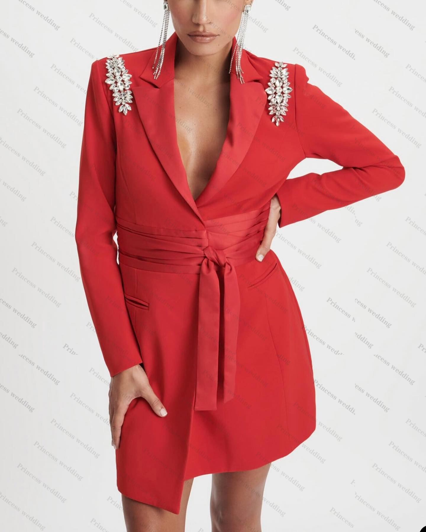 Bright Red Women Blazer Jacket Crystal Beading Girls Custom Made Slim Fit Evening Party Formal Birthday Work Wear One Piece