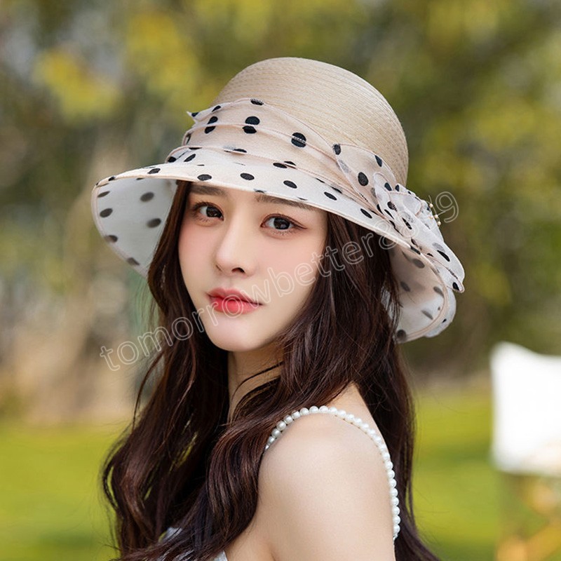 Fashion Elegant Floral Organza Dot Mesh Church Hat Women Lady Foldable Bucket Hat Wedding Party Summer Beach Sun Protection Cap